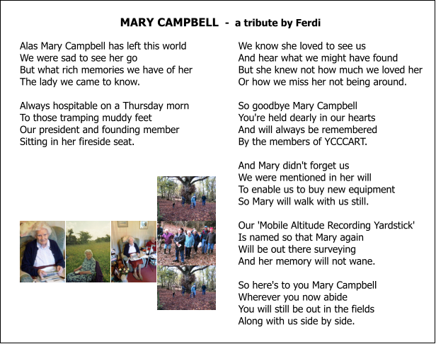 MARY CAMPBELL  -  a tribute by Ferdi Alas Mary Campbell has left this world We were sad to see her go But what rich memories we have of her The lady we came to know.  Always hospitable on a Thursday morn To those tramping muddy feet Our president and founding member Sitting in her fireside seat.    We know she loved to see us And hear what we might have found But she knew not how much we loved her Or how we miss her not being around.  So goodbye Mary Campbell You're held dearly in our hearts And will always be remembered By the members of YCCCART.  And Mary didn't forget us We were mentioned in her will To enable us to buy new equipment So Mary will walk with us still.  Our 'Mobile Altitude Recording Yardstick' Is named so that Mary again Will be out there surveying And her memory will not wane.  So here's to you Mary Campbell Wherever you now abide You will still be out in the fields Along with us side by side.